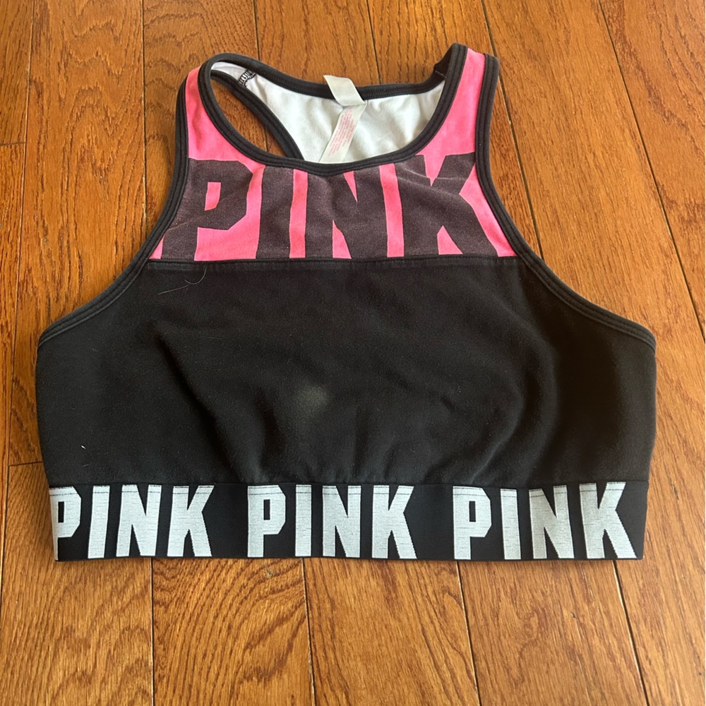 PINK Victoria's Secret Black and Pink Logo Sports Bra